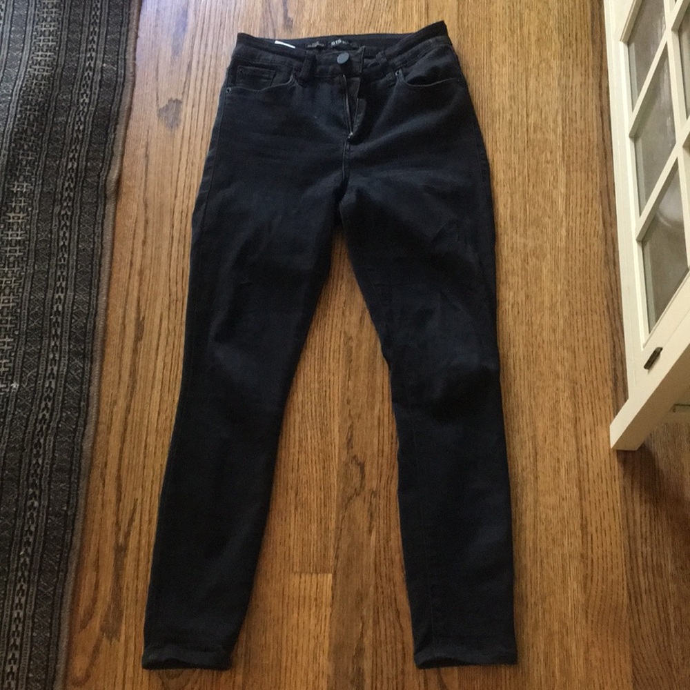 Soft, STS blue, black jeans. Size 26, runs big.